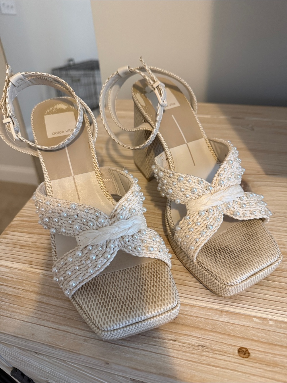 Dolce Vita Cream Braided Beaded Wedges with Ankle Strap